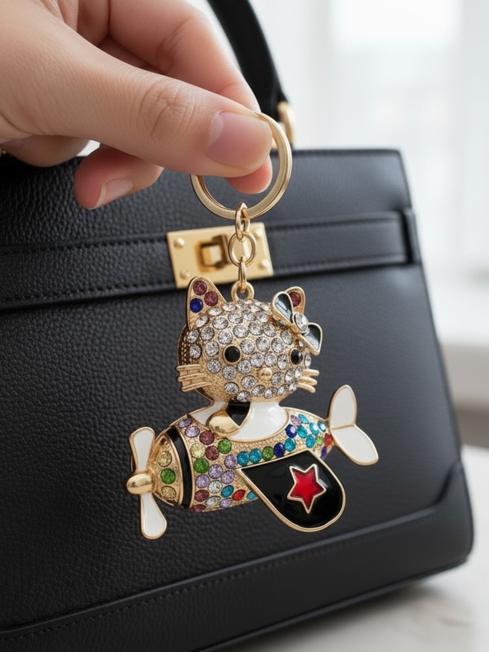 Rhinestone-Embellished Kitty on helicopter bag charm Multicolor Rhinestones - Picture 4 of 8